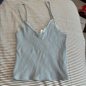 Women's Blue Lace Trim Ribbed Top